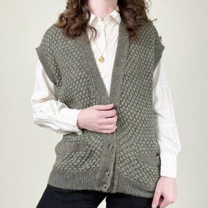 Vintage Wool Honeycomb Knit Oversized Slouchy Fit Sweater Vest Cardigan Handmade